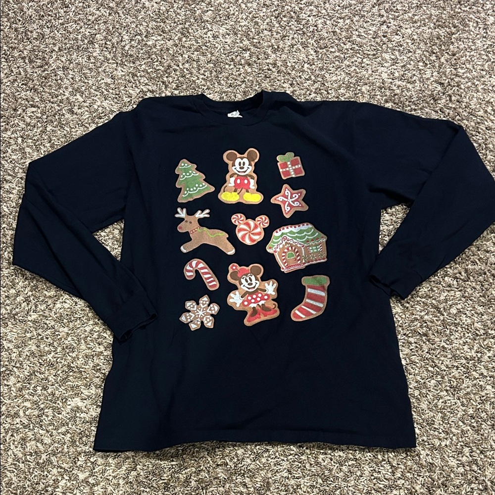 Disney Navy Blue Long Sleeve Holiday Shirt with Festive Gingerbread Designs